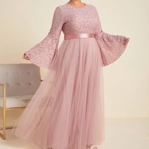 Plus Lace Panel Flounce Sleeve Pearls Beaded Mesh Hem Bridesmaid Dress XXL